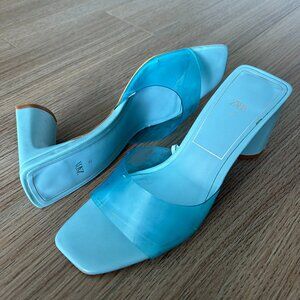 Zara Blue Wide Heeled Vinyl Sandals